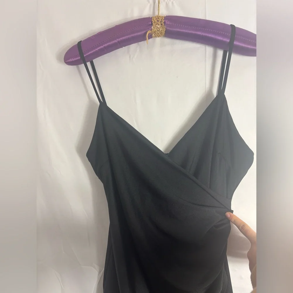 Y2K Little Black Dress Asymmetrical Hem Club Dance Faux Wrap Ruched Size L - Picture 3 of 10